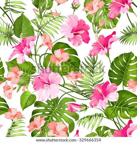 Seamless pattern of Tropical flowers. Blossom flowers. Nature background. Vector illustration.
