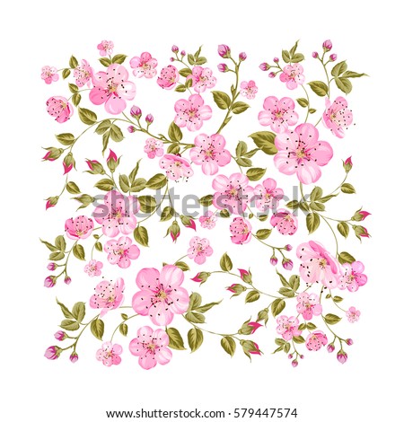 Sacura flowers in rectangle pattern isolated over white background. Vector illustration.