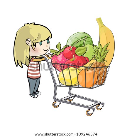 Blonde girl buying fruit in a supermarket. Vector illustration. - stock ...