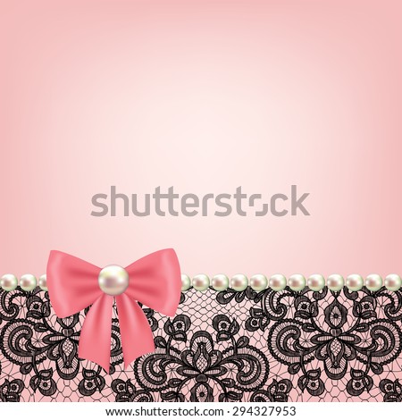 Wedding invitation or greeting card with pearl frame on lace background