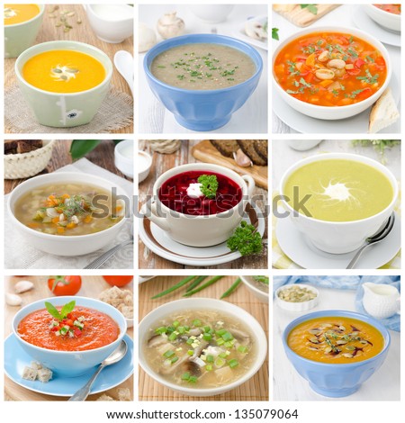 Collage of different soups - stock photo