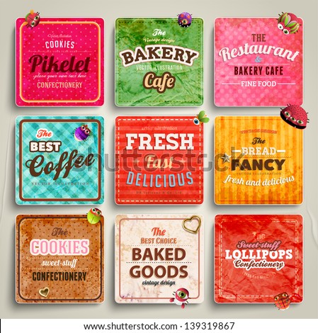 Set of retro bakery labels, ribbons and cards for vintage design, old paper textures