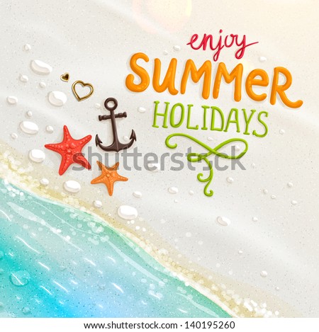 Sea shells, anchor, hearts and starfish on the beach. Sand as background for summer design. Calligraphic design element. Vector illustration. Summer holidays.