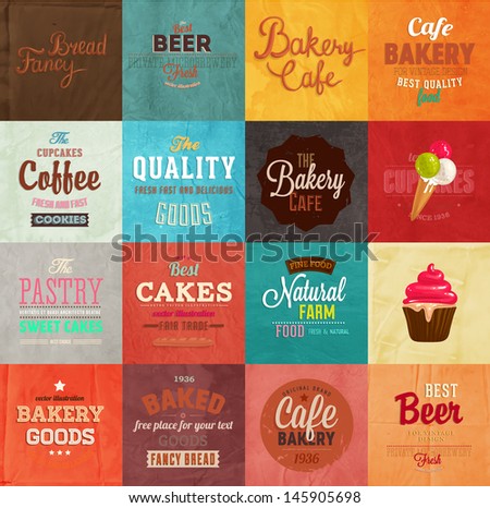 Set of retro bakery label cards for vintage design, old paper textures background