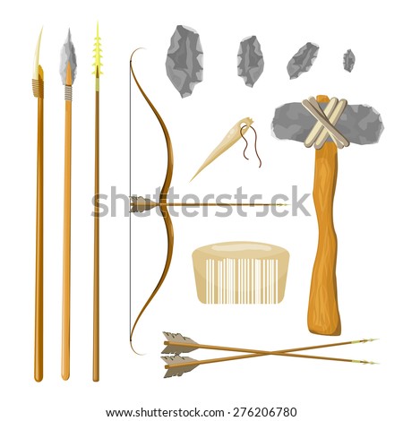 Set tools of prehistoric man: bow and arrow, spear, hammer, comb ...