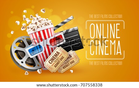 Online cinema art movie watching with popcorn, 3d glasses and film-strip cinematography concept. Eps10 realistic Vector illustration. Cinema ticket vector.