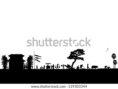 Illustration of Japanese rural silhouette, vector