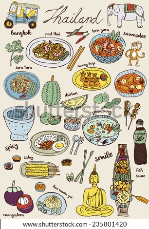 Doodles Thai food and icons set, vector