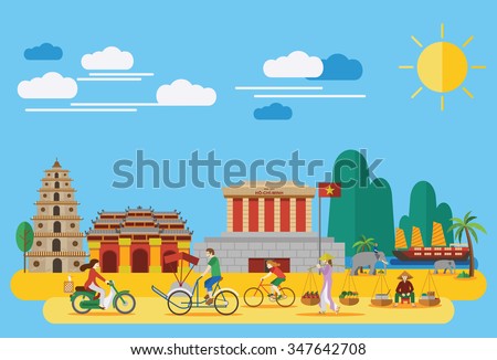 Flat design,Vietnamese landmarks such as Ho Chi Mihn Mausoleum, Heavenly Lady Pagoda, Imperial City and lifestyle of Vietnamese people