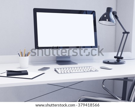 Workplace In The Corner Blank Computer Keyboard Mouse Smartphone Lamp