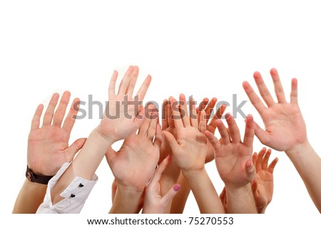 hands up group people isolated on white background - stock photo