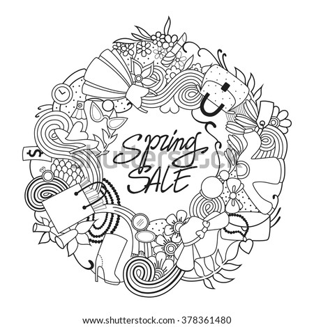 Spring shopping template adult coloring page vector illustration Spring shopping template adult coloring page vector illustration