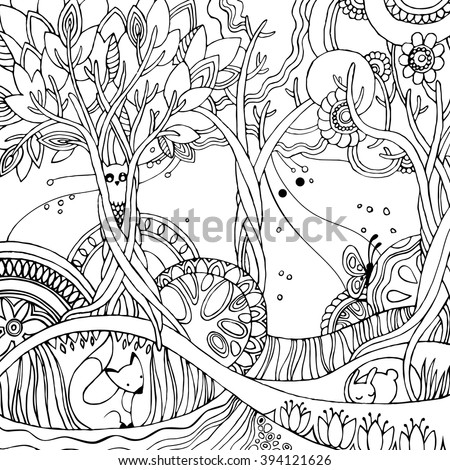 Adult Coloring Page With Forest Fox Owl Rabbit Butterfly Trees