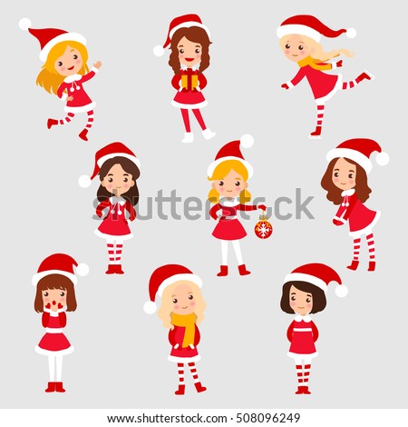 Set Little Christmas Girl Cartoon Isolated Stock Vector 508096249