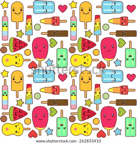 Set Cute Kawaii Food Emoticon Stickers Stock Vector 