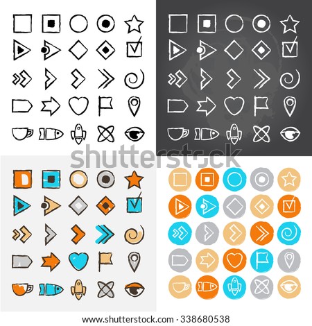 Text list bullets in a hand drawn style. On different backgrounds wits a different color solutions includes chalkboard background and hand drown colored circles.