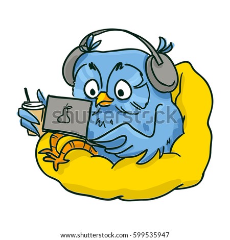 Owl In Headphones With A Laptop Sitting Bean Bag Chair And Drinking Latte Owl In Headphones With A Laptop Sitting Bean Bag Chair And Drinking Latte