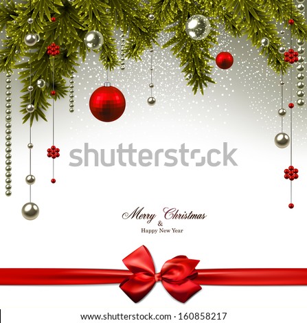 Christmas background with fir twigs and red balls. Vector illustration.