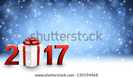 2017 New Year background with gift and snow. Vector illustration.