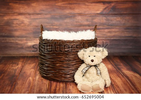 Digital Photography Background Of Rustic Wood Backdrop And Woven Basket With Teddy Bear