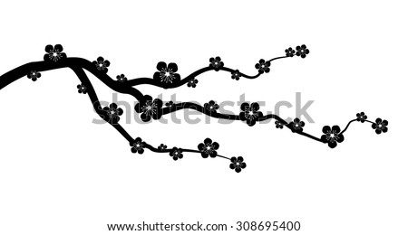 Peach or cherry blossom tree branch with flowers flat vector graphic