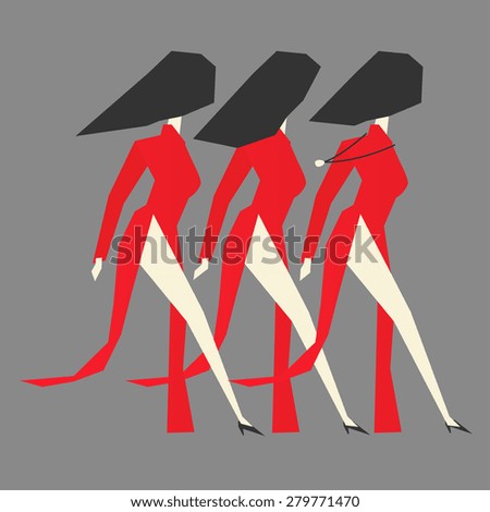 Walking modern Vietnamese women with Ao dai dresses on grey background, vector illustration.
