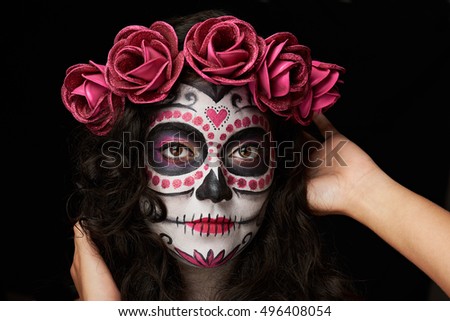 Woman Halloween Costume Skull Makeup Holding Stock Photo 93416968 ...