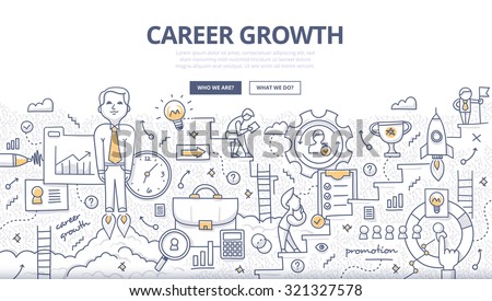 Doodle style concept of career growth, selecting candidates, career ladder, corporate opportunities, human resource management. Modern line illustration for web banners, hero images, printed materials