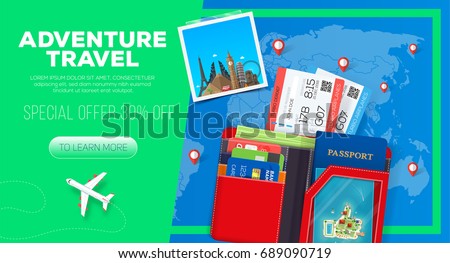 Adventure Travel Banner Business Trip Passport With Wallet And Tickets Illustration Adventure Travel Banner Business Trip Passport With Wallet And Tickets Illustration