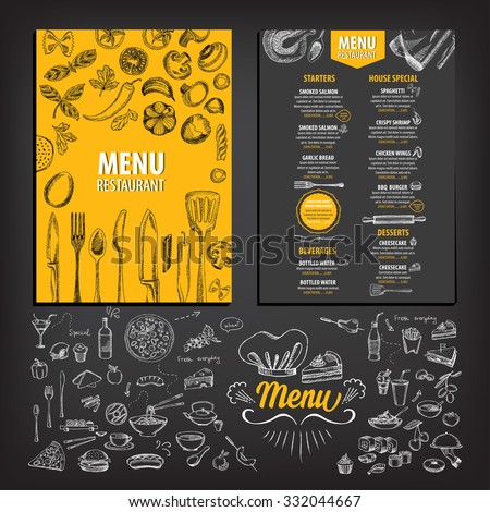 Vector restaurant brochure, menu design. Vector cafe template with hand-drawn graphic. Food flyer.