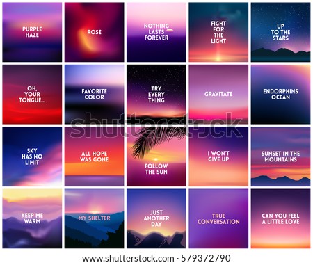 BIG set of 20 square blurred nature dark purple violet pink backgrounds. With various quotes. Sunset blurred dark purple violet background