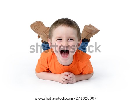 Happy child laughing on white background