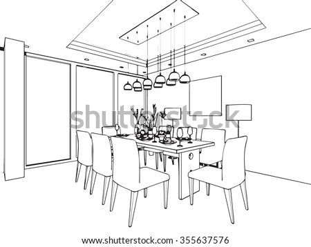 Outline Sketch Drawing Perspective Interior Space Stock 