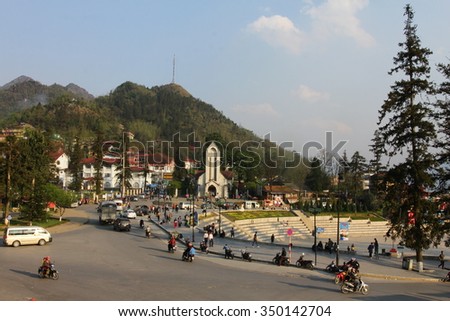 SAPA, LAO CAI, VIETNAM - The Catholic Holy Rosary church and main square in Sapa, Lao Cai, Vietnam. Sapa is town at Hoang Lien Son Mountains of northwest Vietnam