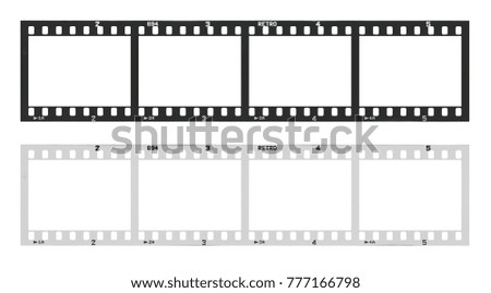Film strip template with frames, empty developed black and white 135 type (35mm) in negative and positive isolated on white background with work path.