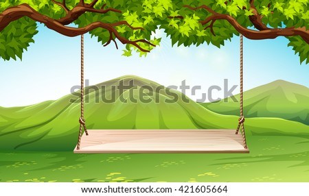 Scene with wooden swing in the park illustration