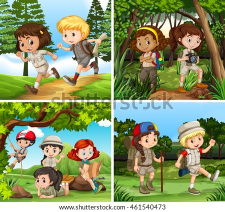 Children Hiking Woods Illustration Stock Vector 461540473 - Shutterstock