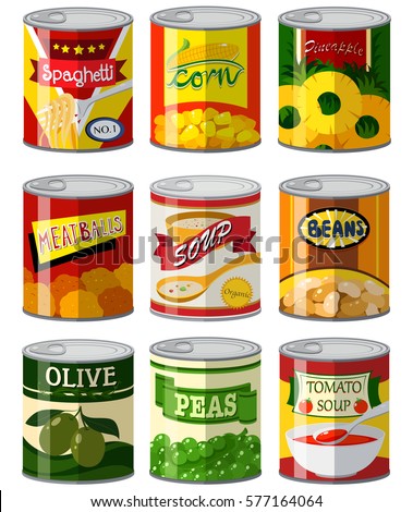 Different types of food in can illustration
