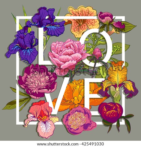 Floral Love Graphic Design Colorful Flowers Stock Vector 425491030