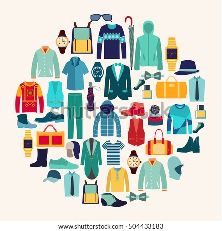 Vector set icon of Fashion collection of man wardrobe. Various male clothing . Set of flat men clothes and accessories icons - Illustration