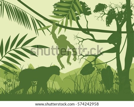 Monkey's vector silhouettes, green jungle silhouettes in background