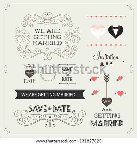 Set of wedding ornaments and decorative elements, vintage banner, ribbon, labels, frames, badge, stickers. Vector love element.