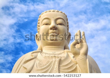 Head of huge Buddha statue at Vinh Tranh Pagoda in My Tho, the Mekong Delta, Vietnam