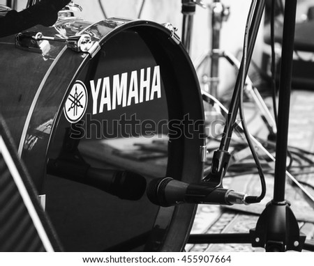 PARIS, FRANCE - JUNE 21, 2014: Yamaha drums at outdoor free concert during celebration of World Music Day in Latin Quarter in Paris. This festival encourages musicians to perform in the streets.
