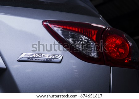 BANGKOK, THAILAND – JULY, 5 2017: Closeup of Skyactiv logo on Mazda CX-5 2016 model, exclusive technology from Mazda to increase fuel efficient and engine output.