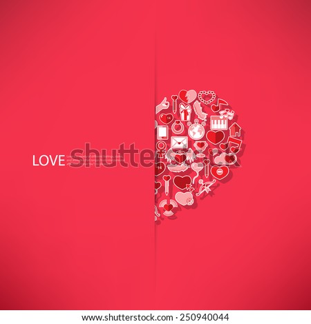 Red icon heart Valentines day card with sign on Icon love background