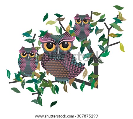 Download Mother Owl Two Baby Owls Sitting Stock Vector 307875299 ...