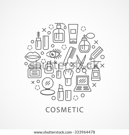 Cosmetics illustration with icons and signs in linear style