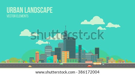 Modern vector illustration of urban landscape. Flat city. Set of buildings. Creative background. Panorama
