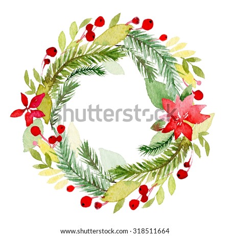 Watercolor Christmas Wreath Poinsettia Plant Tree Stock Illustration ...